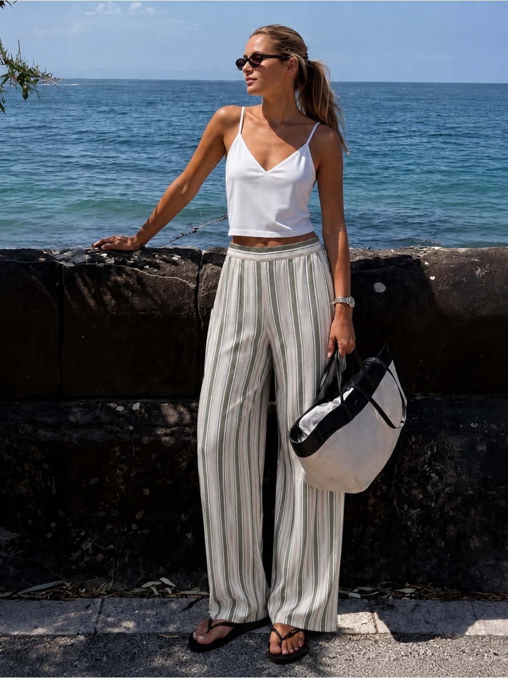 Zara Linen Cotton Blend Striped Wide Leg Trousers Medium Effortlessly chic